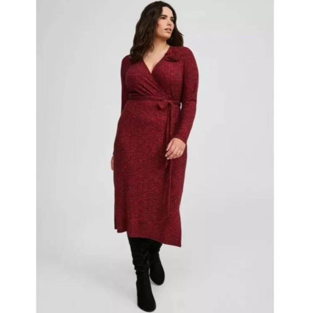 Torrid Midi Surplice Dress Size 1x 14-16 Red Knit Fabric Ribbed V Neckline Wrap - Picture 13 of 13